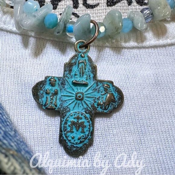 CROSS PENDANT AQUAMARINE NECKLACE - Picture 2 of 5
